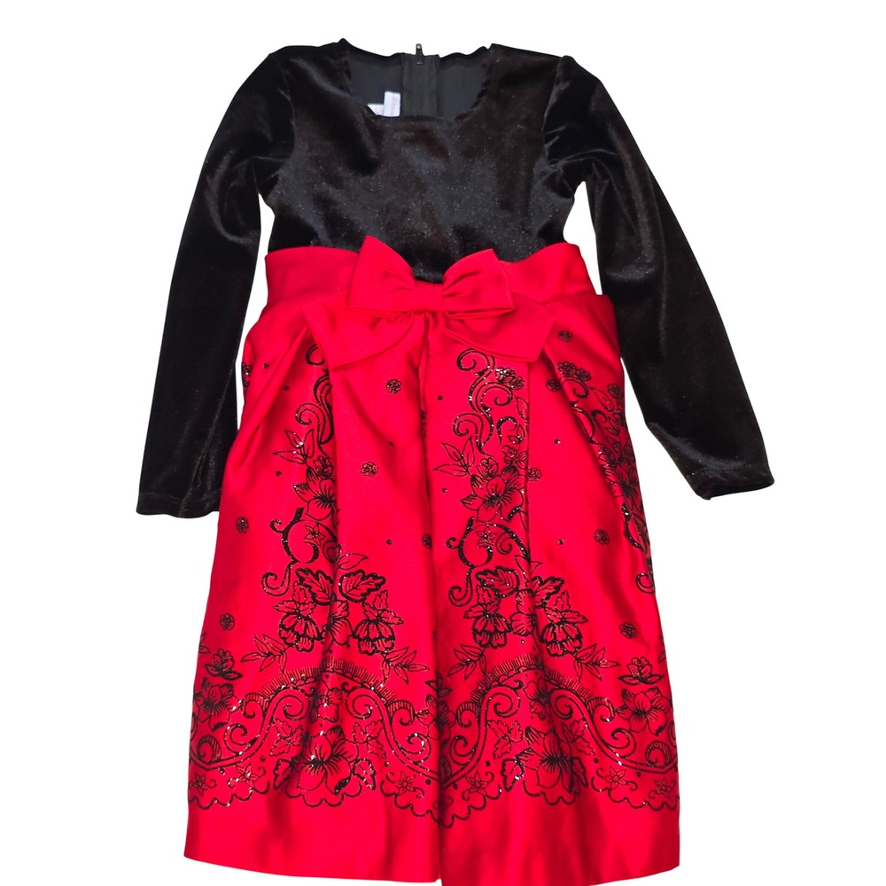 Bonnie Jean Girls 4 Holiday Dress Black Velvet Red Satin Glitter Floral Formal